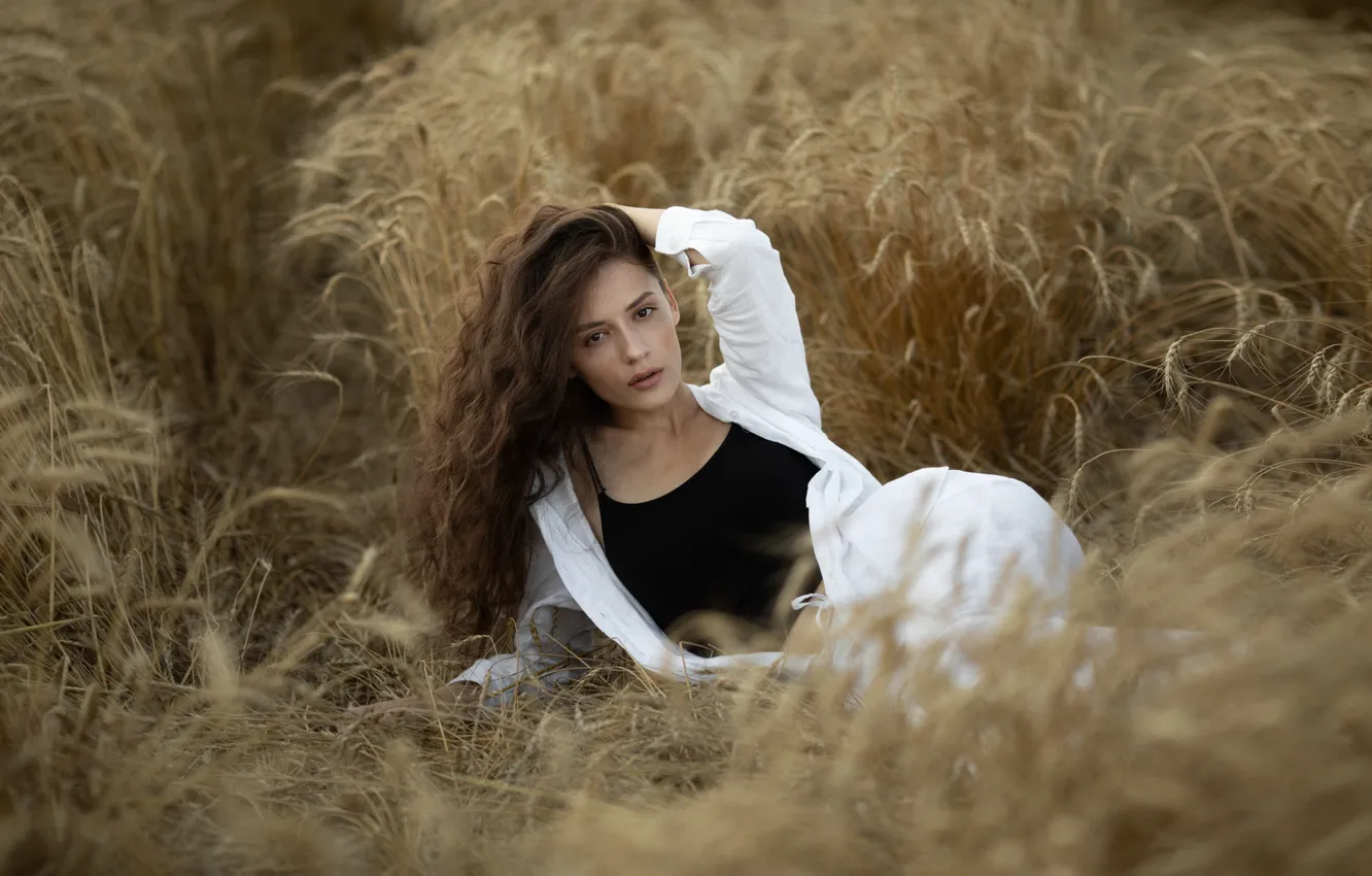 Photo wallpaper field, look, girl, pose, ears, long hair, Yuriy Korotun