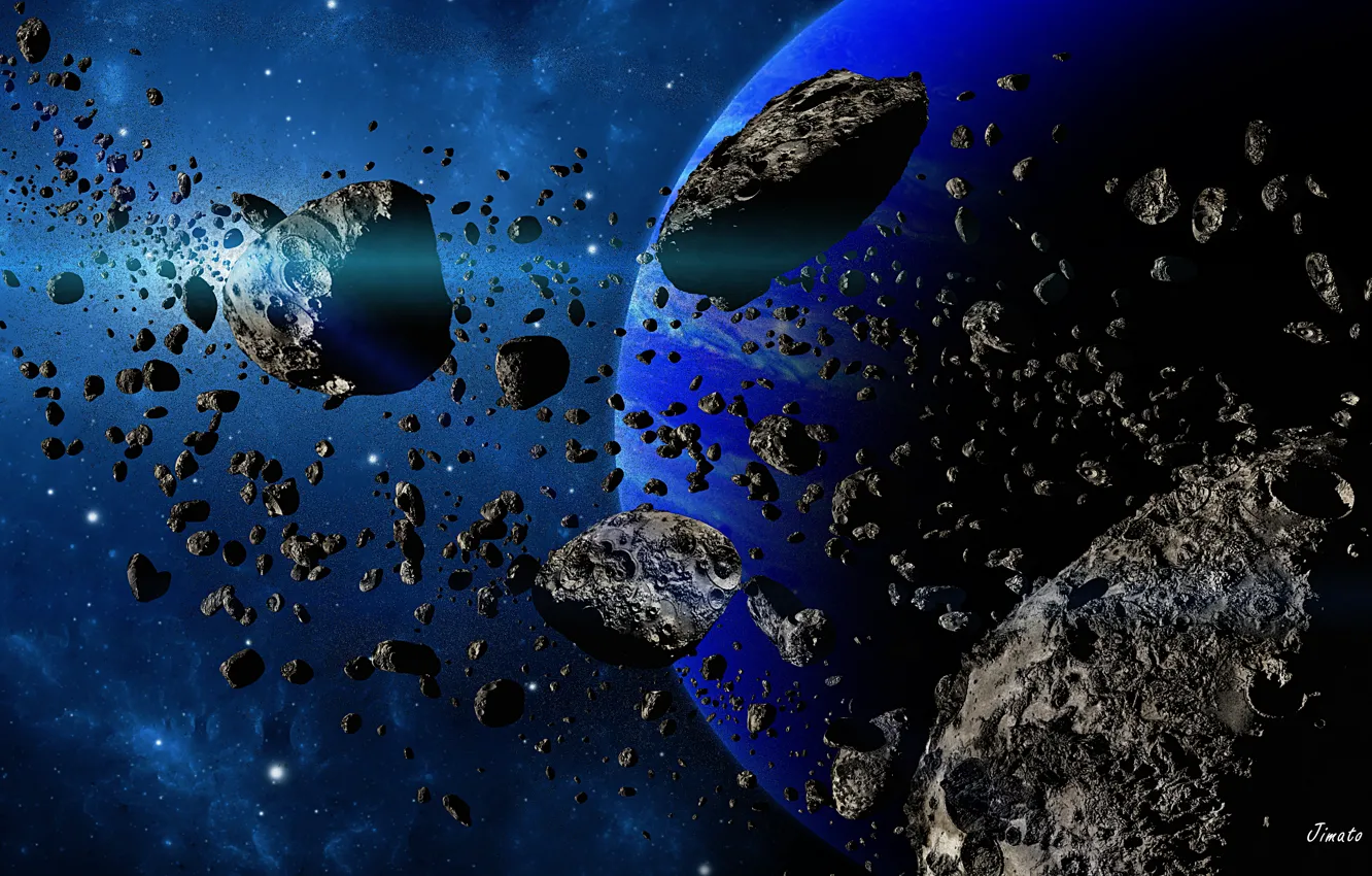 Photo wallpaper space, planet, stars, asteroids