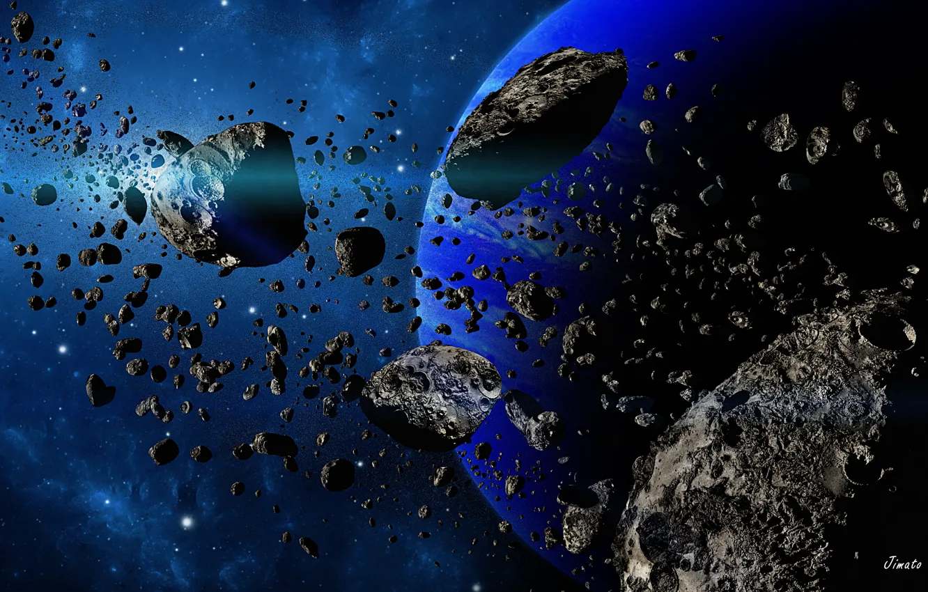 Photo wallpaper space, stars, planet, asteroids