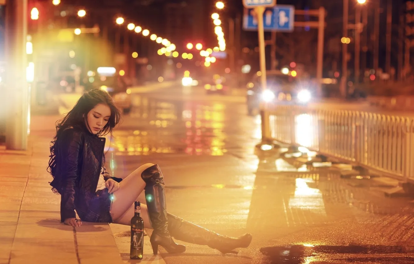 Photo wallpaper lights, girl, legs, night, street, mood, loneliness, bottles