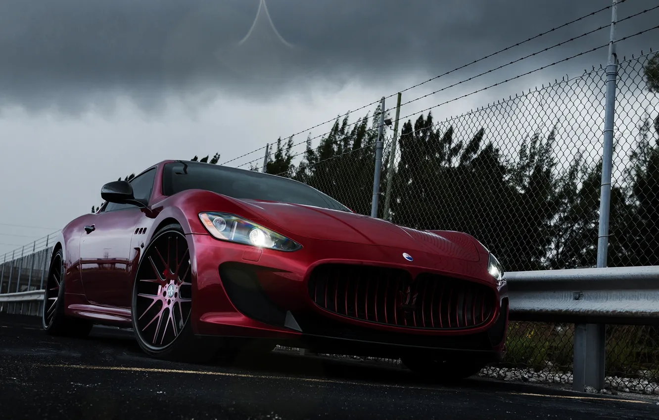 Photo wallpaper Maserati, Auto, The fence, Trees, Tuning, Clouds, Machine, GranTurismo