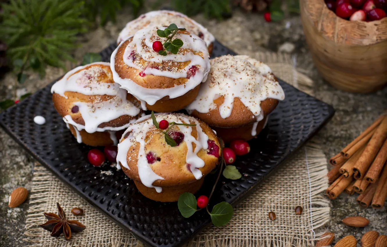 Photo wallpaper holiday, new year, cinnamon, cakes, almonds, cupcakes, Anis