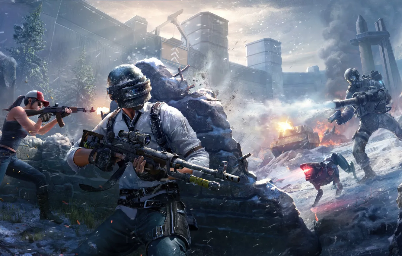 Photo wallpaper girl, gun, ice, game, war, snow, man, rifle