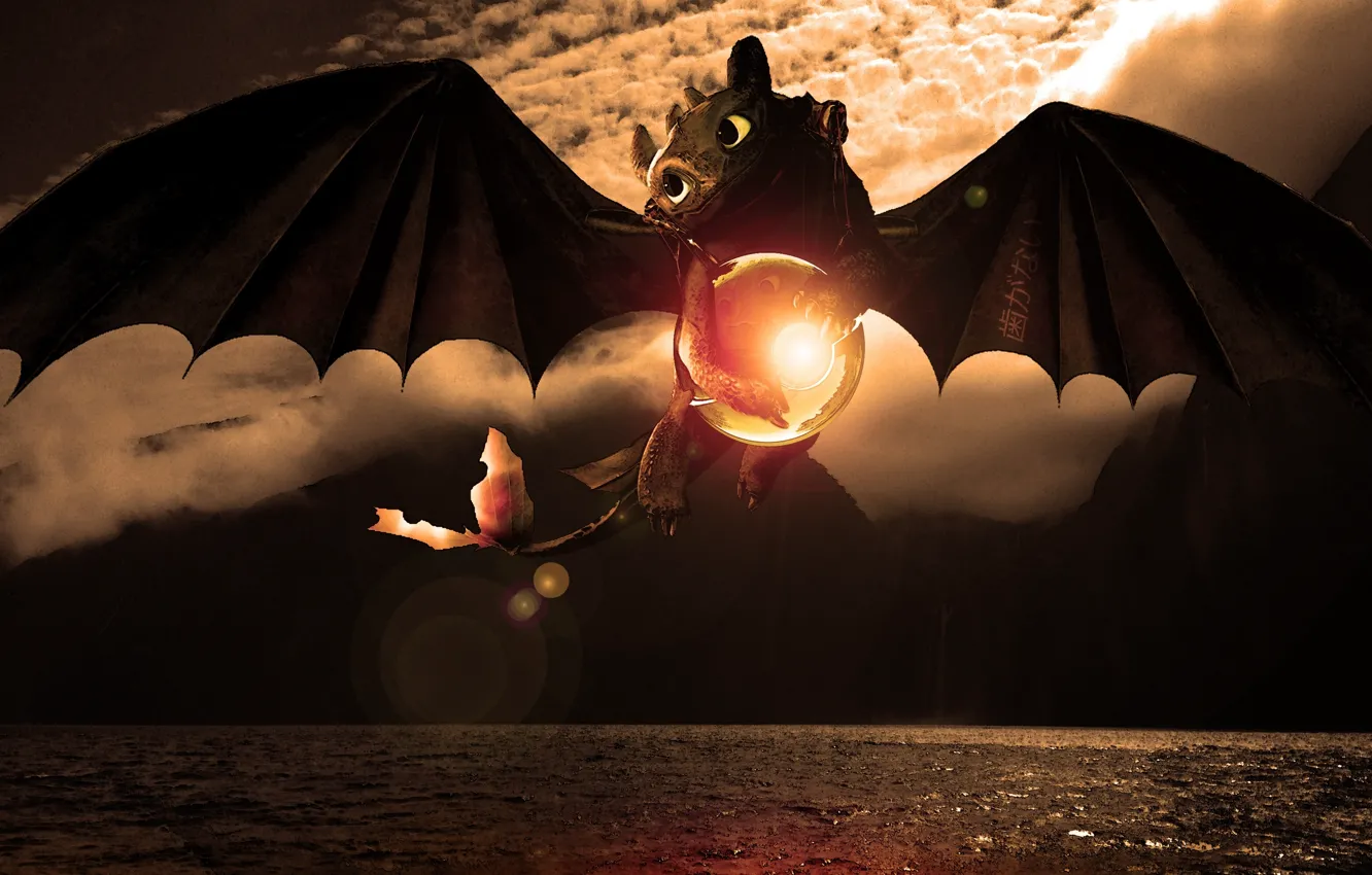 Photo wallpaper sea, flight, sphere, dragon, Toothless, How to train your dragon, animated film, Wazzy88