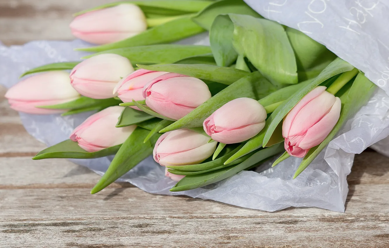Photo wallpaper flowers, bouquet, tulips, pink, wood