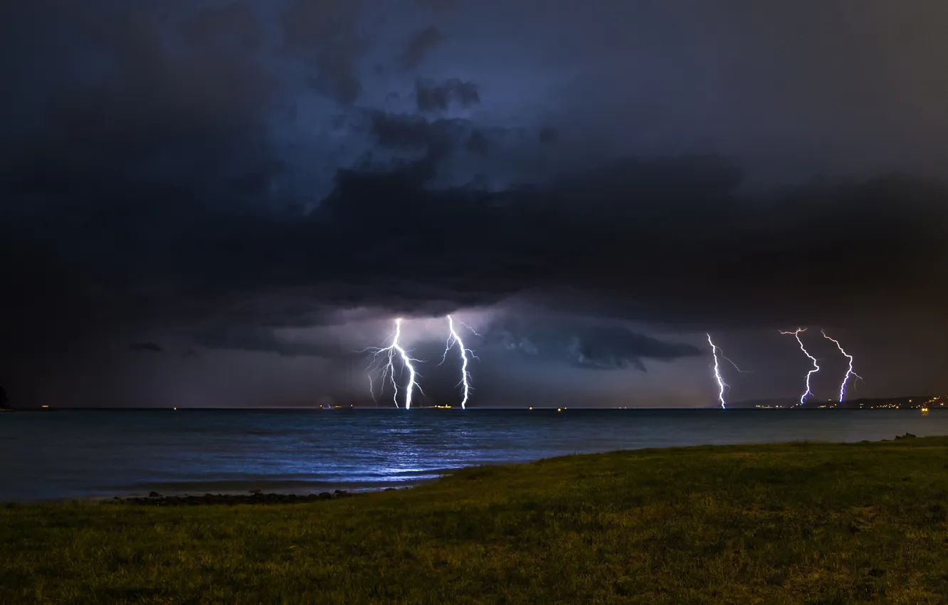 Photo wallpaper the storm, the sky, night, clouds, shore, lightning, pond