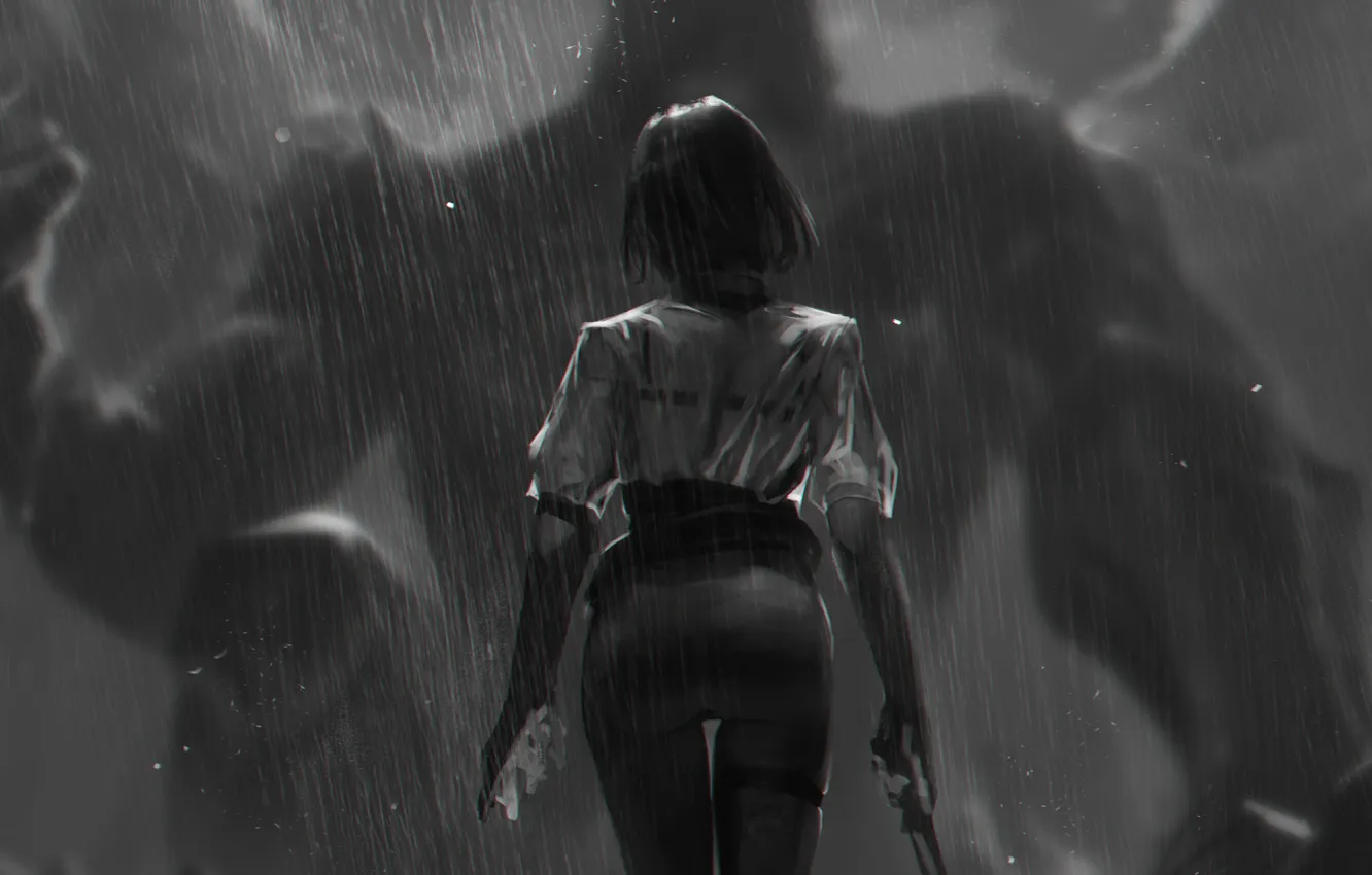 Photo wallpaper dark, girl, gun, fantasy, rain, digital art, artwork, back