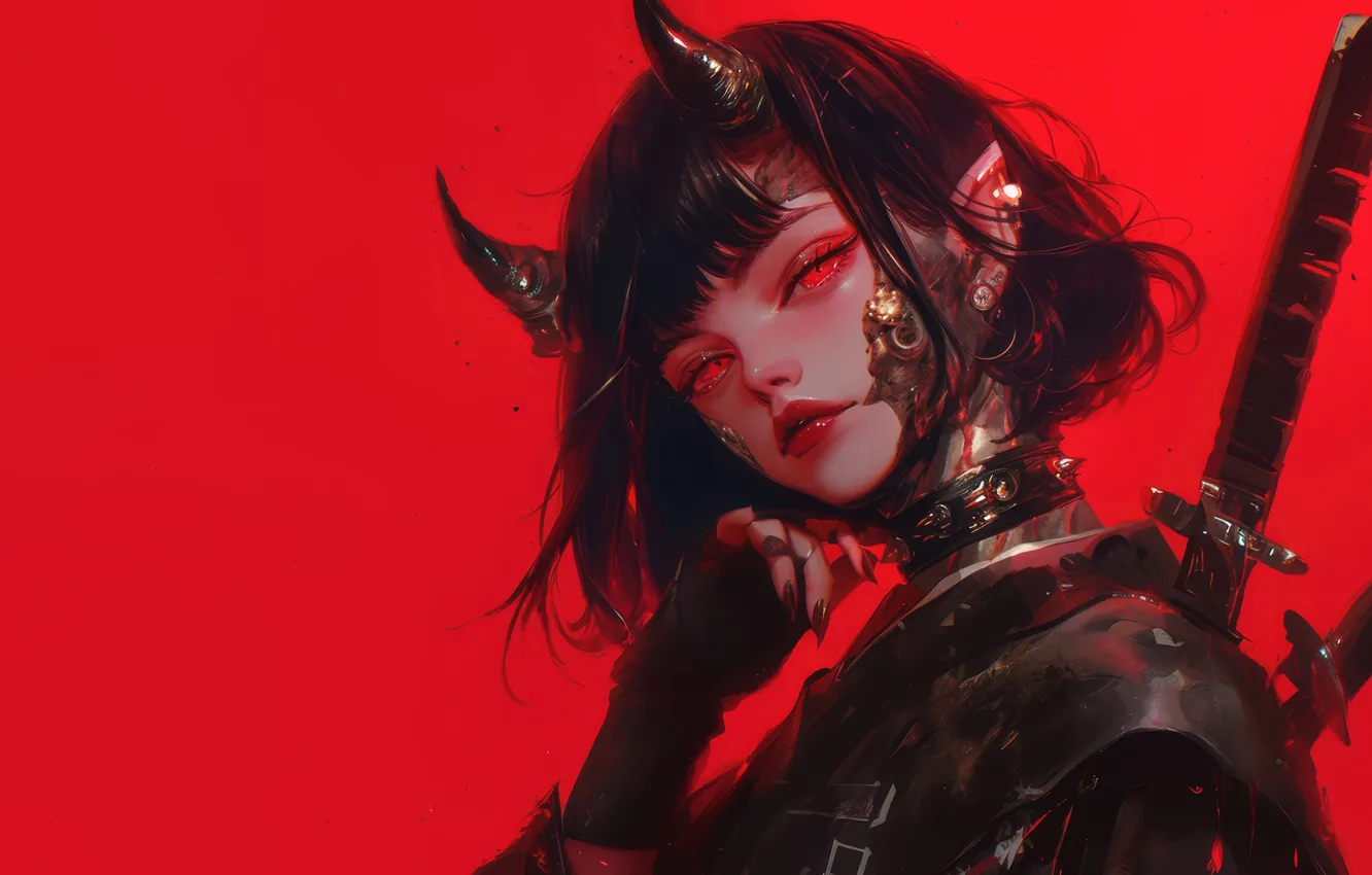Photo wallpaper Devil, Anime, Warrior, Red Eyes, Samurai, Katana, Demon, Horn