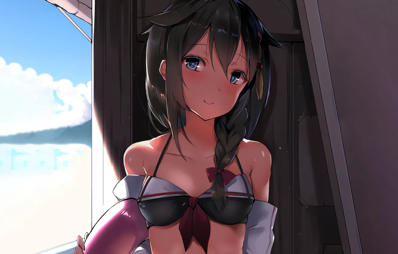 Photo wallpaper girl, sexy, cleavage, long hair, boobs, anime, blue eyes, beautiful