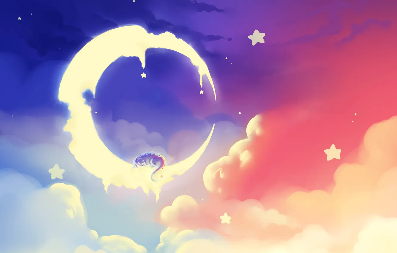 Photo wallpaper the sky, stars, clouds, dragon, sleep, a month, art, sleeping