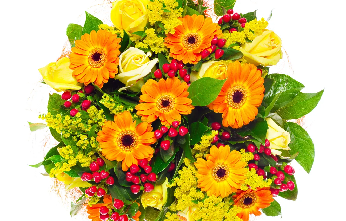 Photo wallpaper roses, bouquet, gerbera