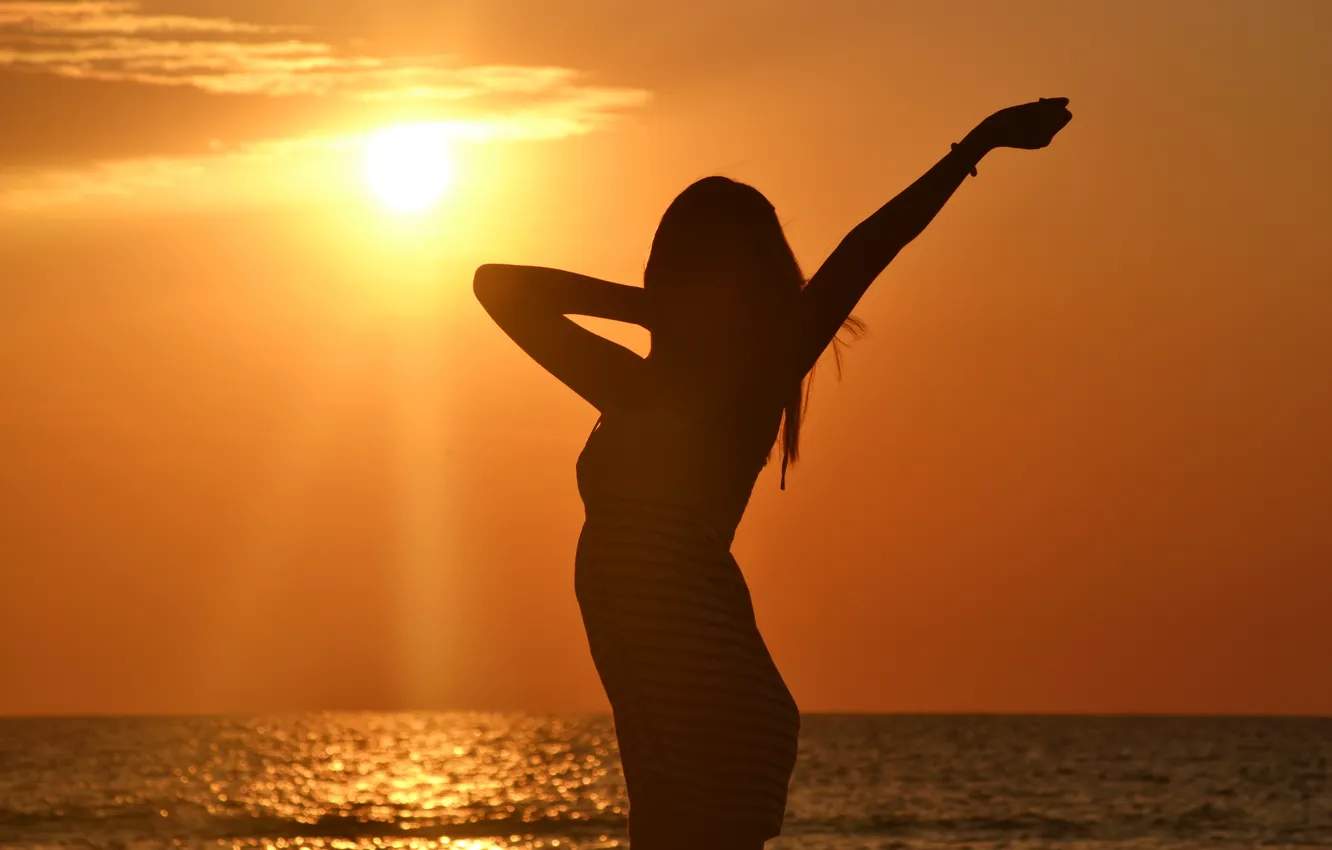 Photo wallpaper sea, the sky, girl, sunset, hair, hands, dress, silhouette