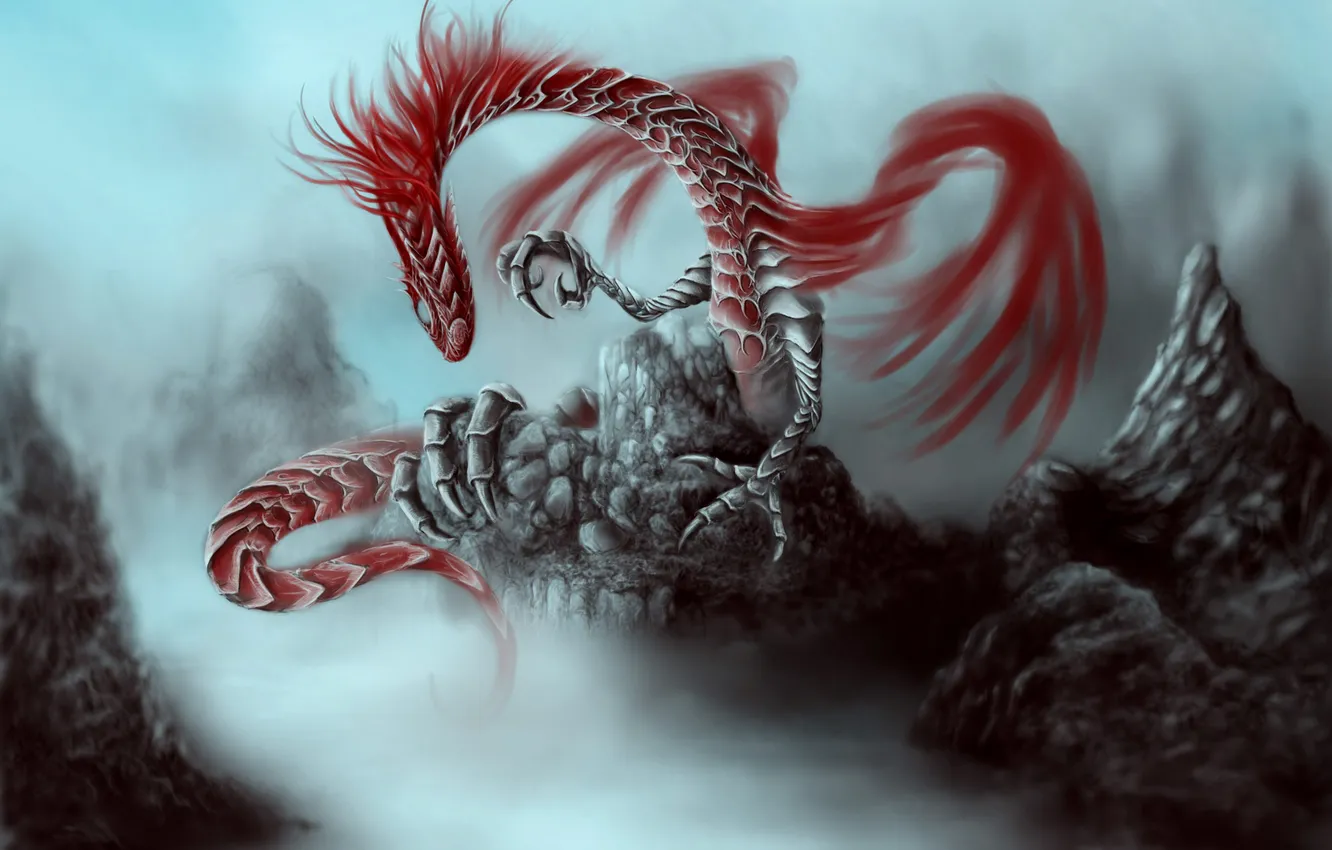Photo wallpaper fog, rocks, dragon