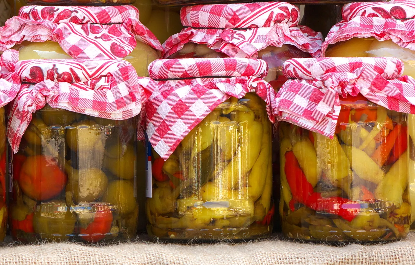 Photo wallpaper table, jars, pepper, pickles