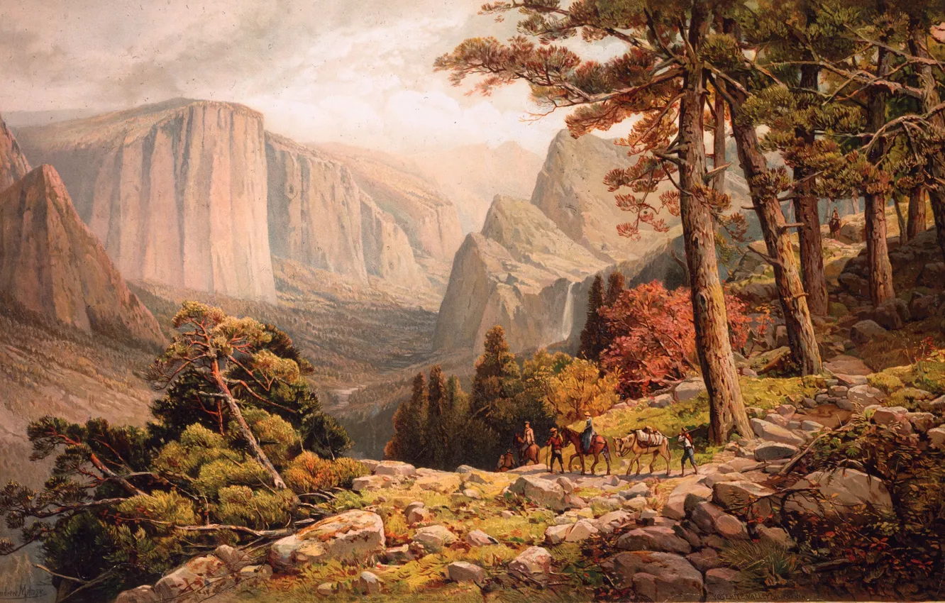 Photo wallpaper picture, painting, painting, 1887, The Mariposa Trail in the Yosemite Valley, Andrew Melrose, Californie