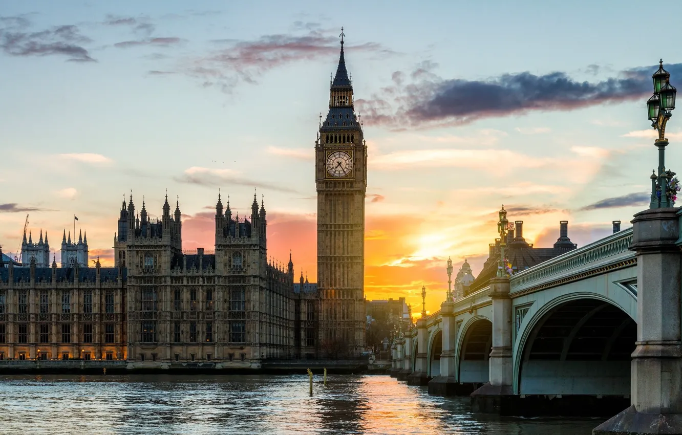 Photo wallpaper sunset, London, UK, Big Ben and Westminster Bridge