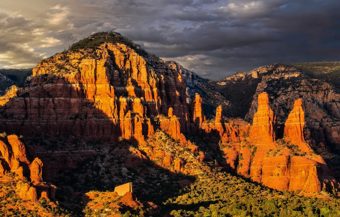 Photo wallpaper light, mountains, stones, rocks, vegetation, the slopes, view, lighting