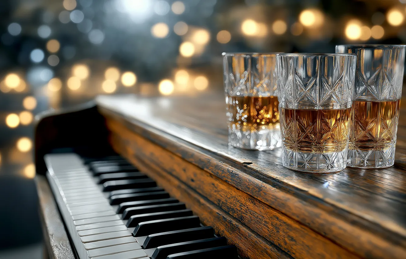 Photo wallpaper piano, neural network, AI art, bokeh, whiskey, shot glasses, glasses, piano