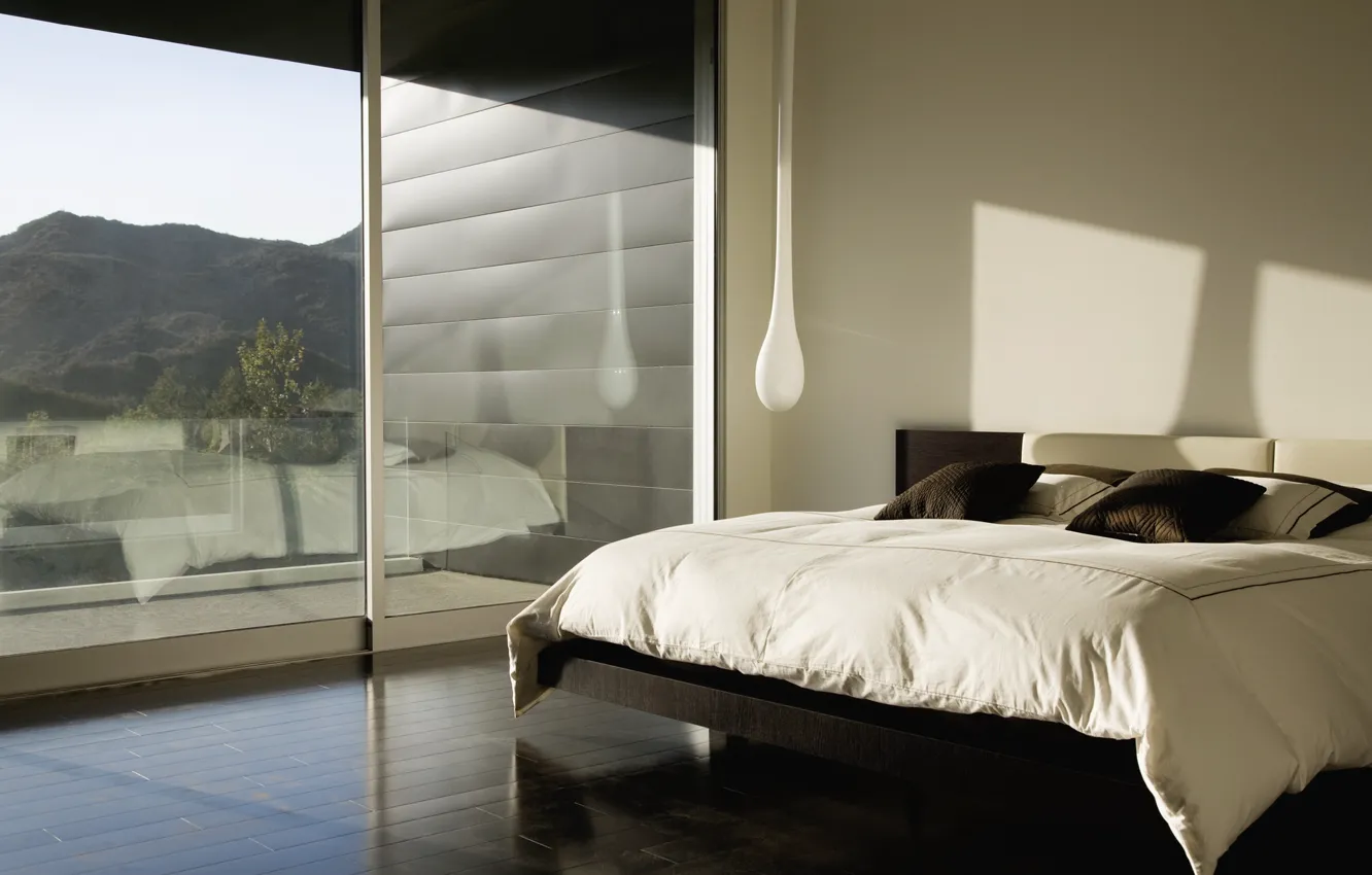 Photo wallpaper mountains, design, reflection, room, bed, interior, shadow, pillow