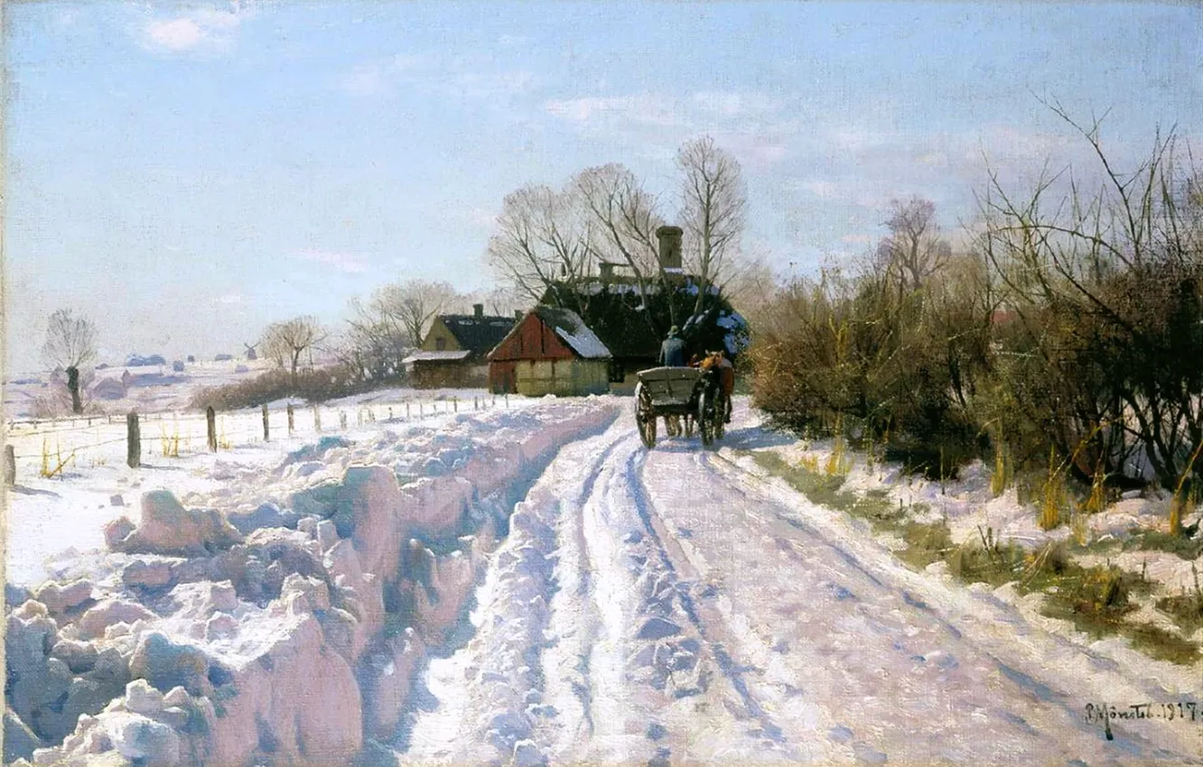 Photo wallpaper winter, road, snow, home, picture, Peder Mork Monsted, Danish painter, Peder Mork Monsted