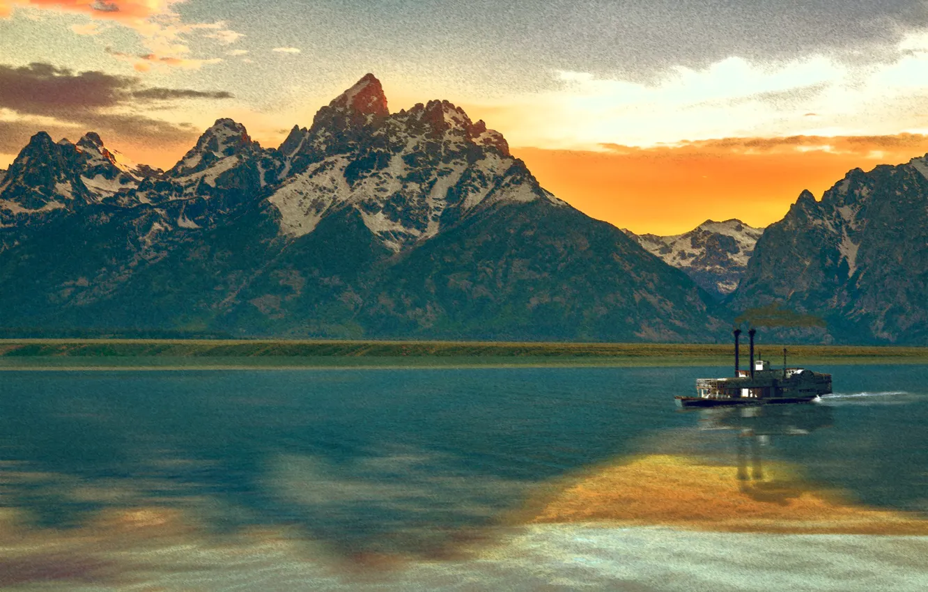 Photo wallpaper water, sunset, mountains, ship