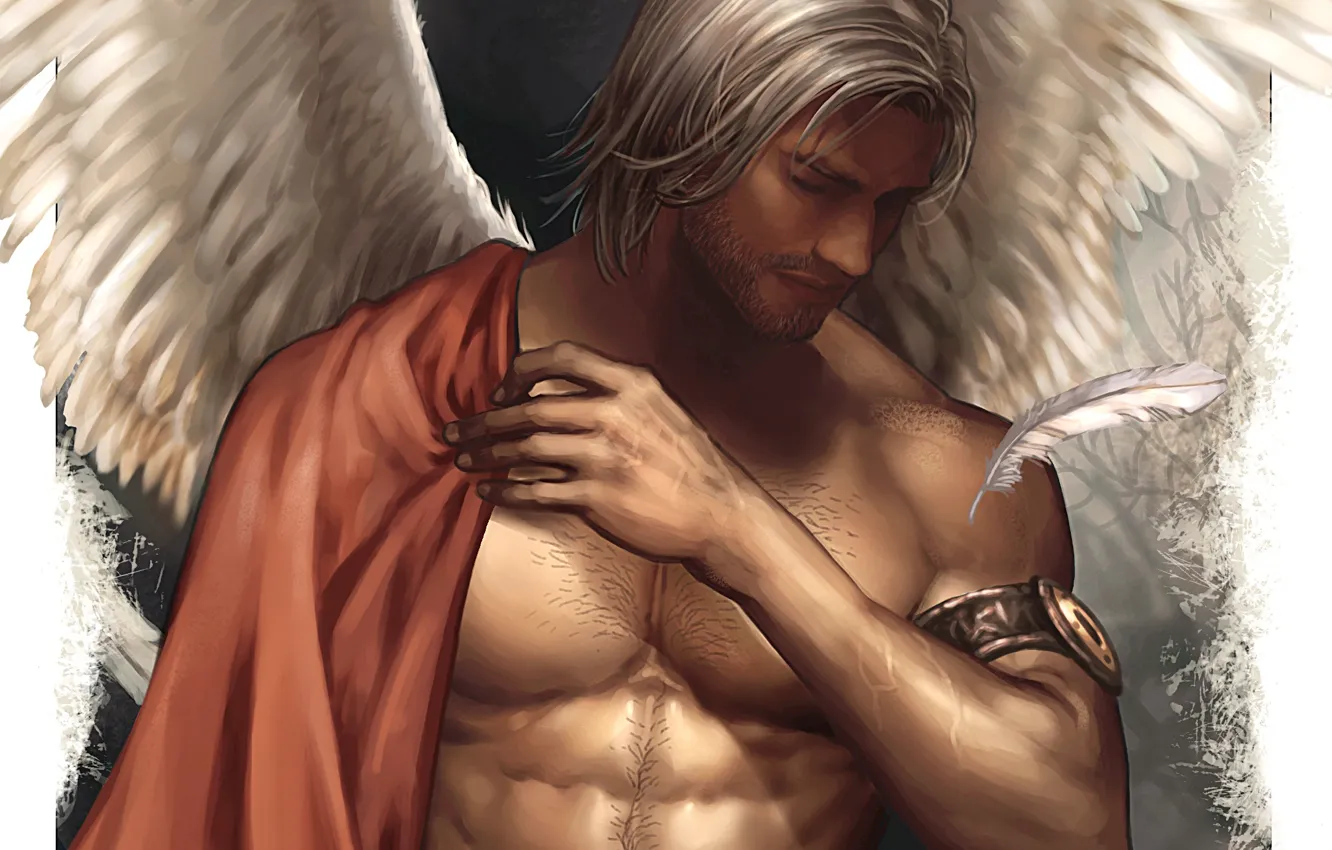 Photo wallpaper fiction, wings, angel, male, white hair, torso