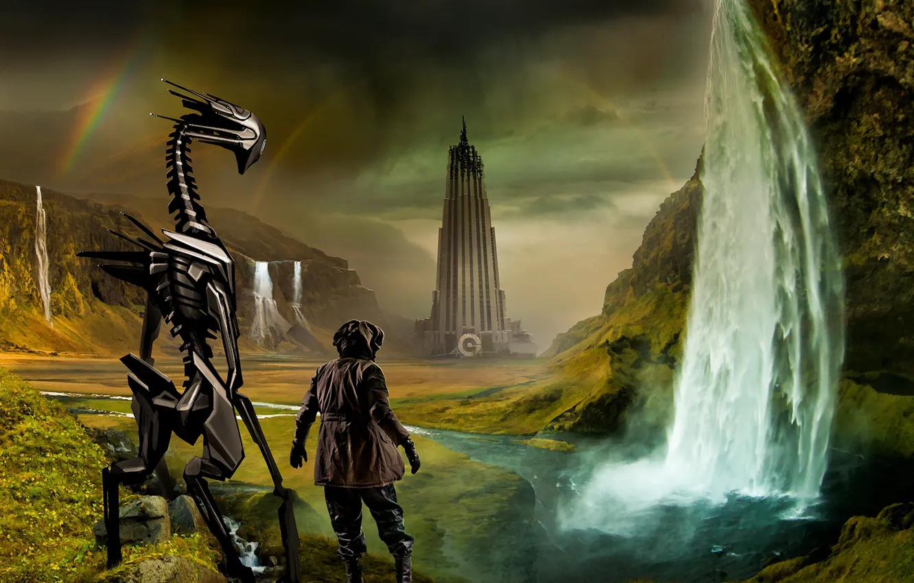 Photo wallpaper mountains, the building, waterfall, romantically apocalyptic, you will find friendship within