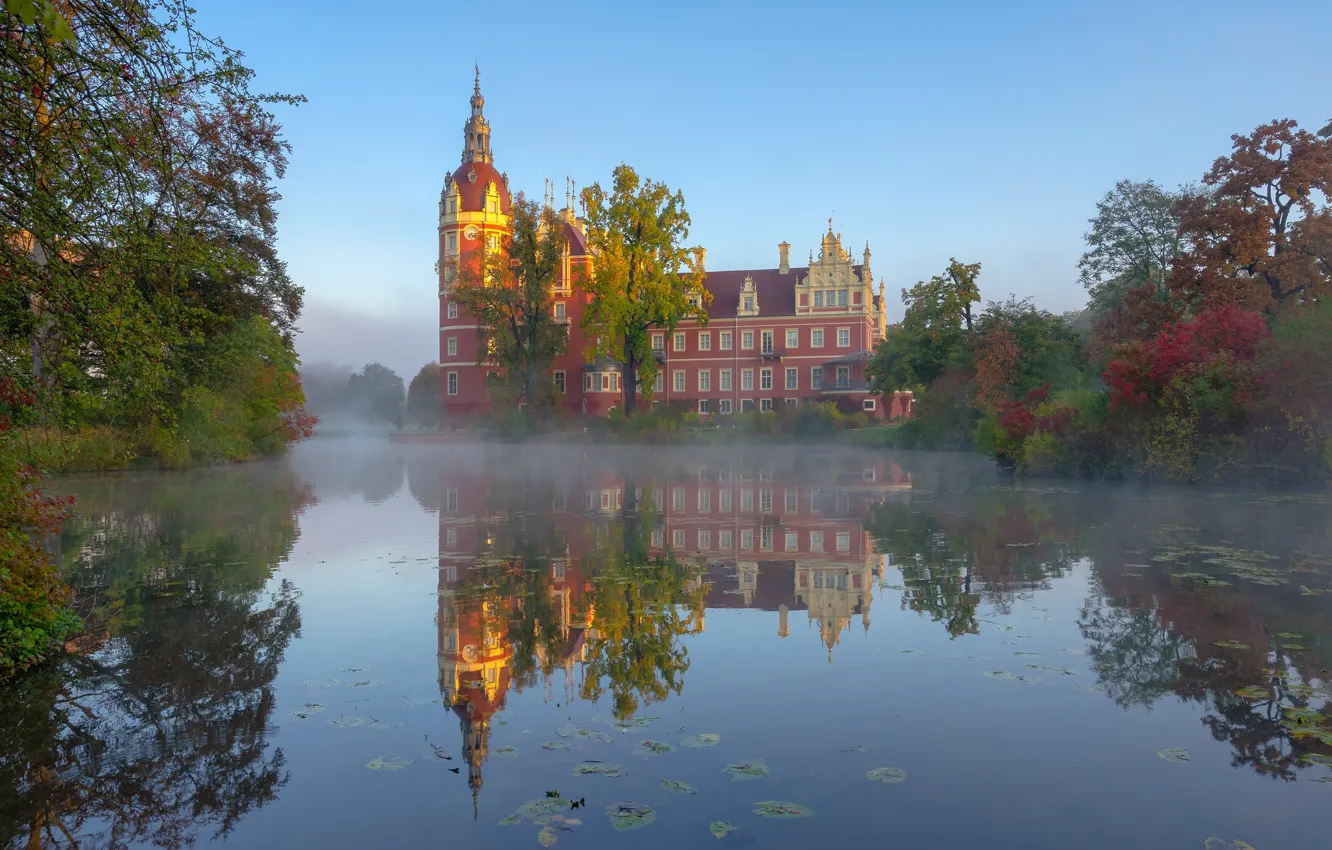 Photo wallpaper Park, reflection, river, castle, morning, Germany, Germany, Saxony