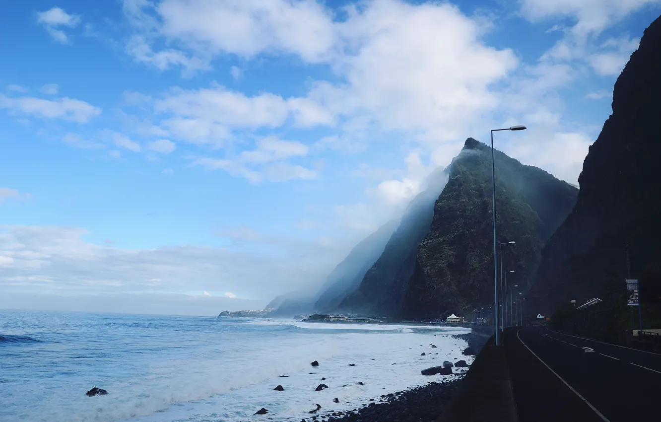 Photo wallpaper road, sky, water, clouds, mountain, fog, liquid, shore