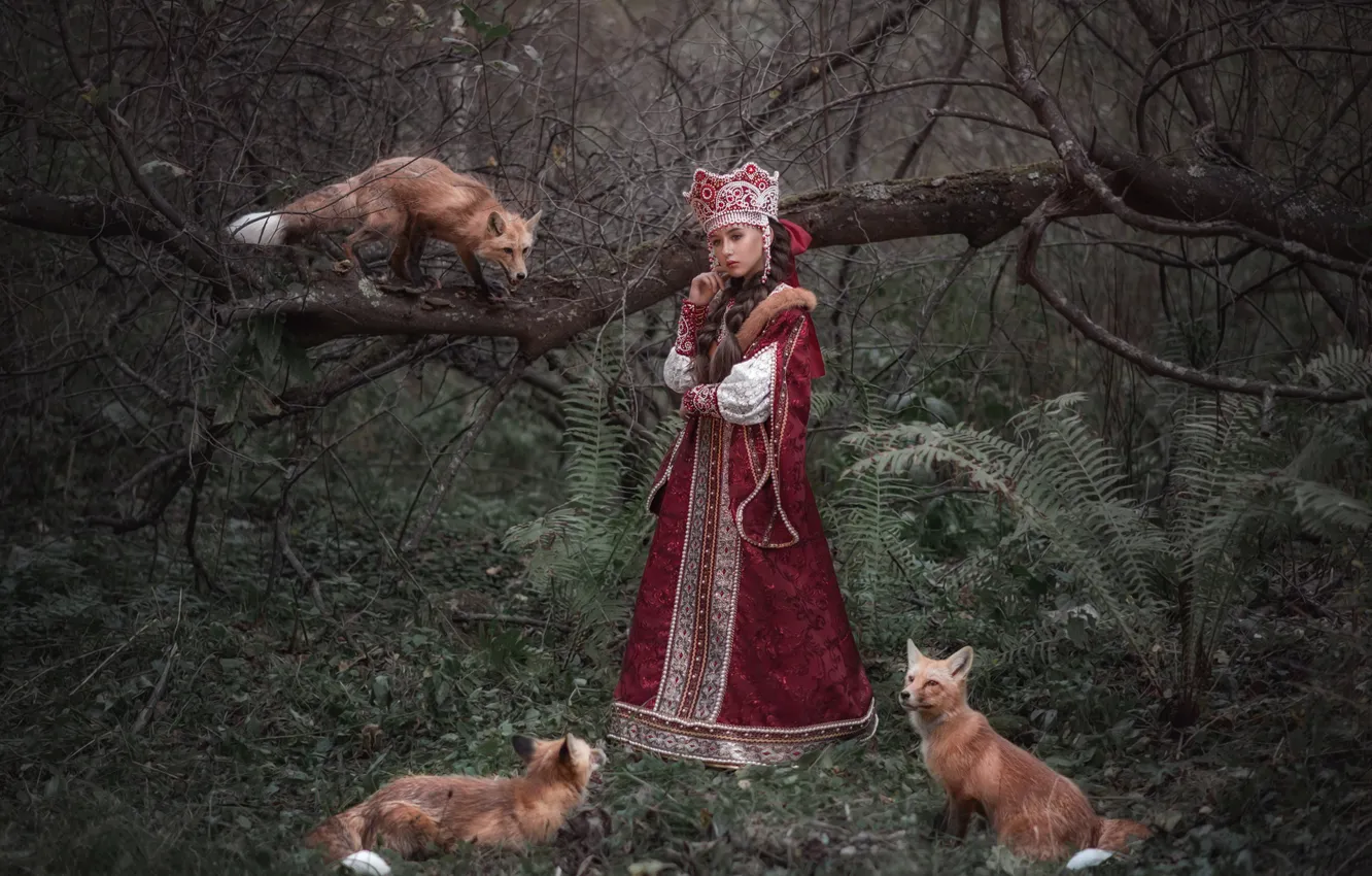 Photo wallpaper forest, girl, outfit, Fox, Princess, Sophia Oznobishina