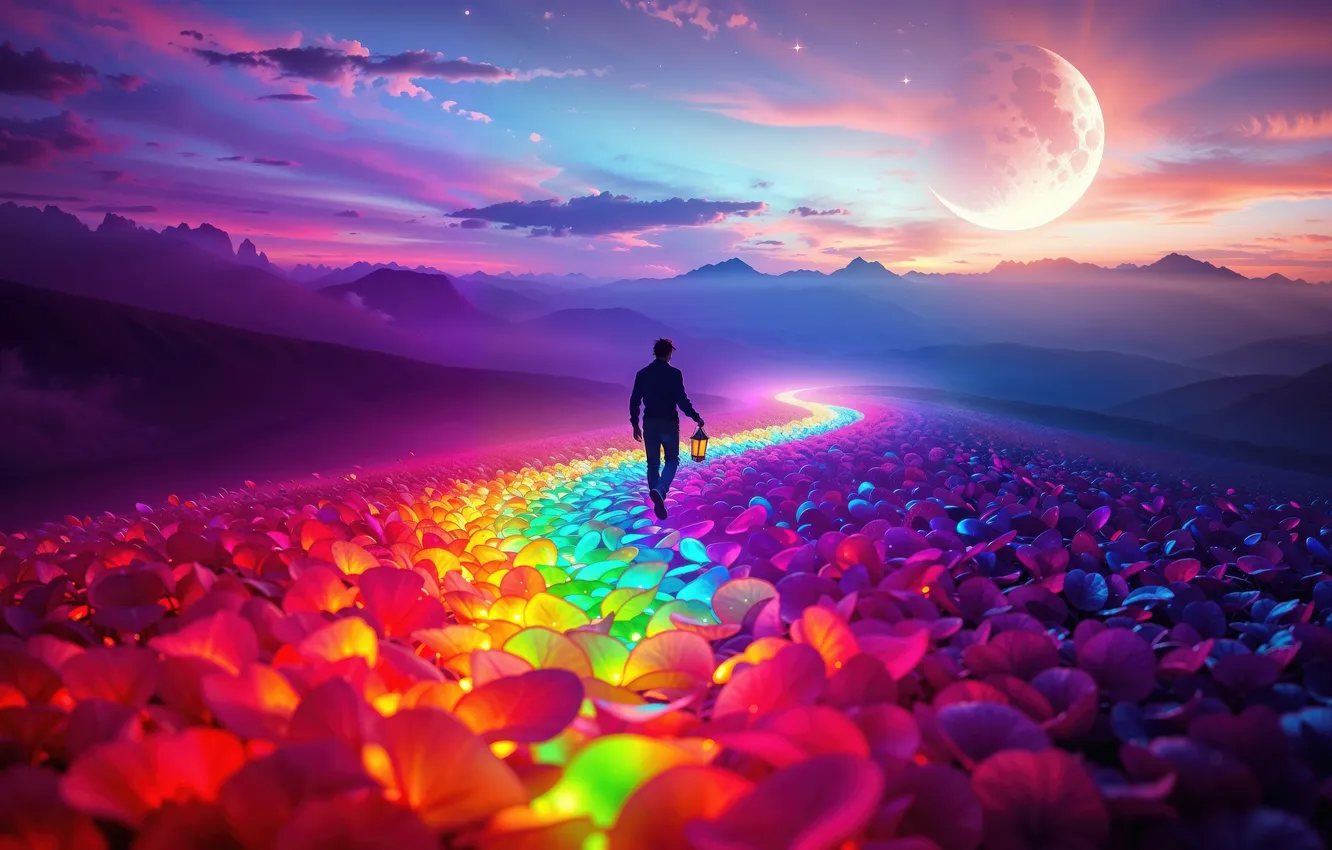 Photo wallpaper clouds, flowers, mountains, lights, planet, horizon, traveler, the wanderer