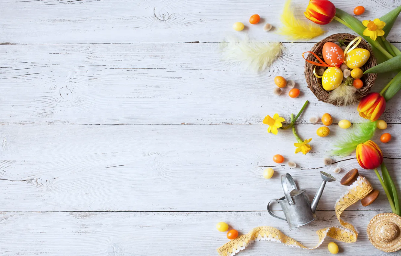 Photo wallpaper flowers, spring, colorful, Easter, tulips, wood, flowers, tulips