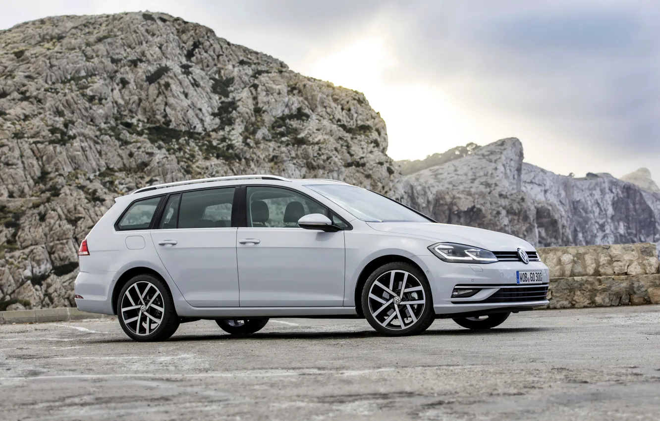 Photo wallpaper mountains, rocks, Volkswagen, universal, 2017, Golf Variant, white-gray