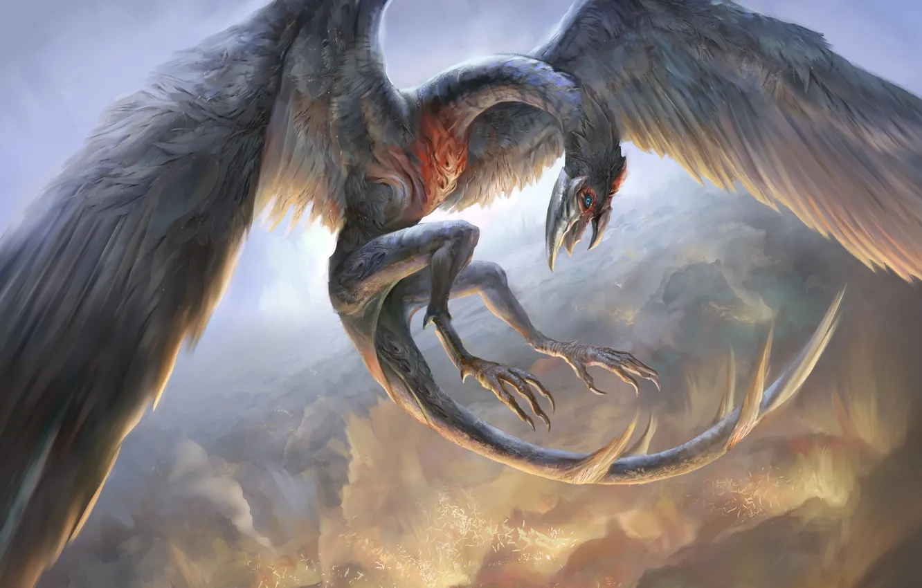 Photo wallpaper flight, dragon, wings, feathers, art, in the sky, yefumm