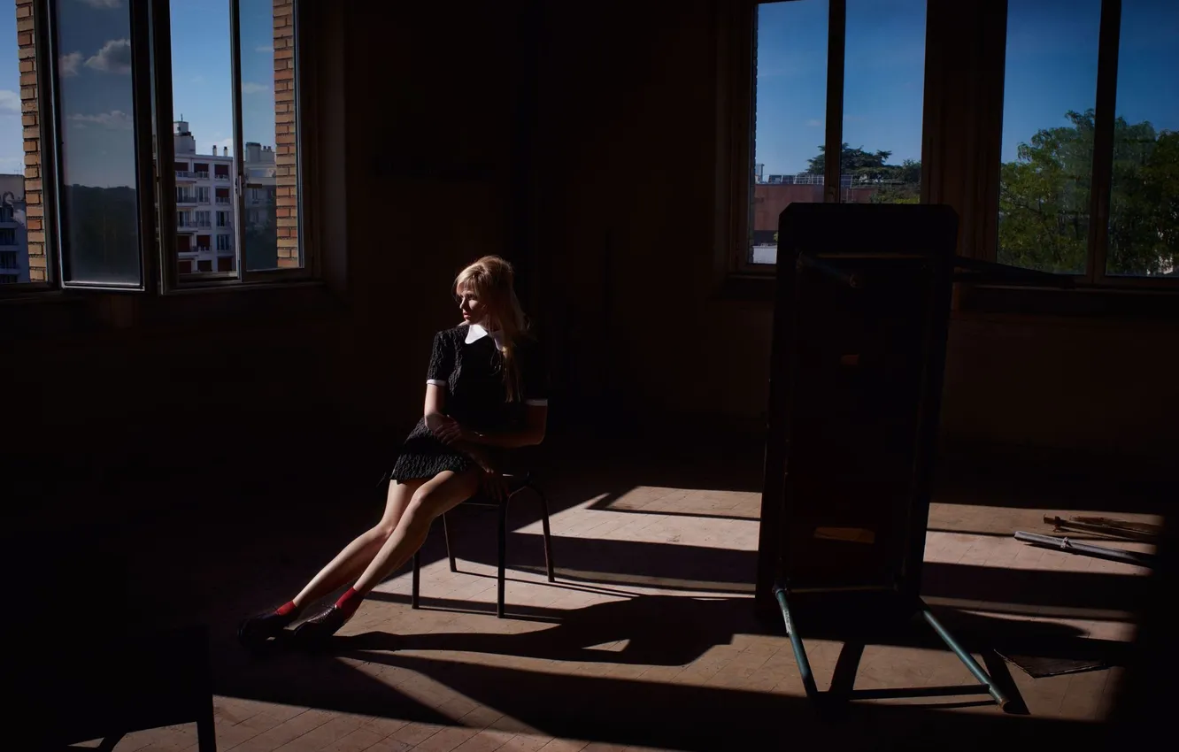 Photo wallpaper model, figure, dress, window, hairstyle, blonde, sitting, photoshoot