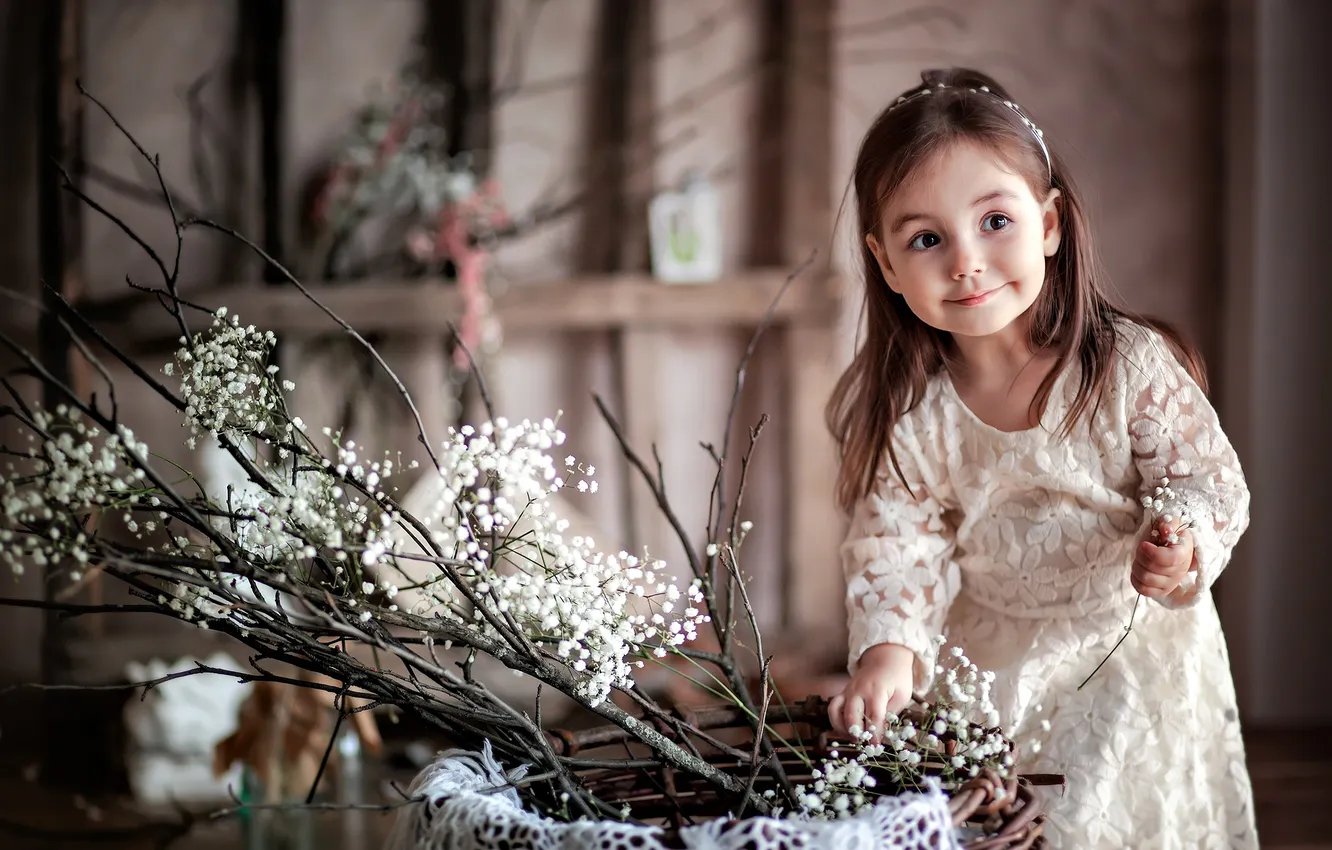 Photo wallpaper flowers, child, girl, smile