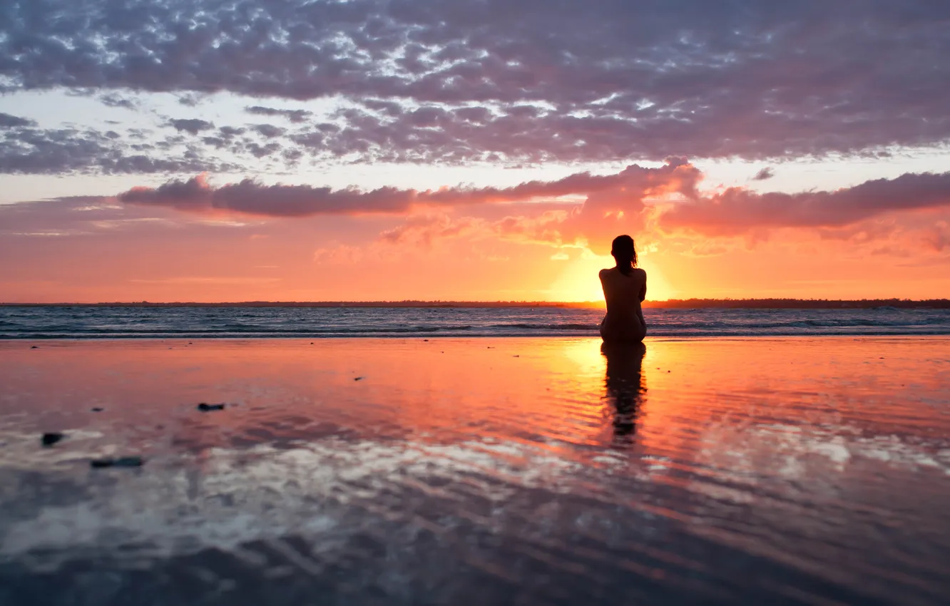 Photo wallpaper sea, girl, sunset