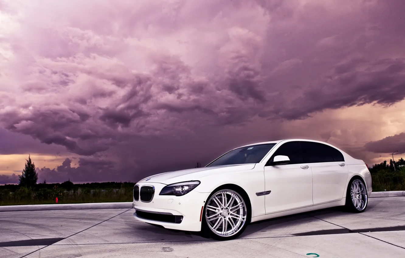 Photo wallpaper the sky, clouds, BMW, white, 750Li