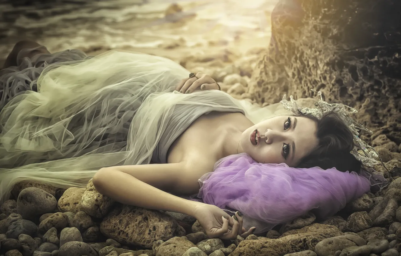 Photo wallpaper girl, stones, mood, dress, Asian