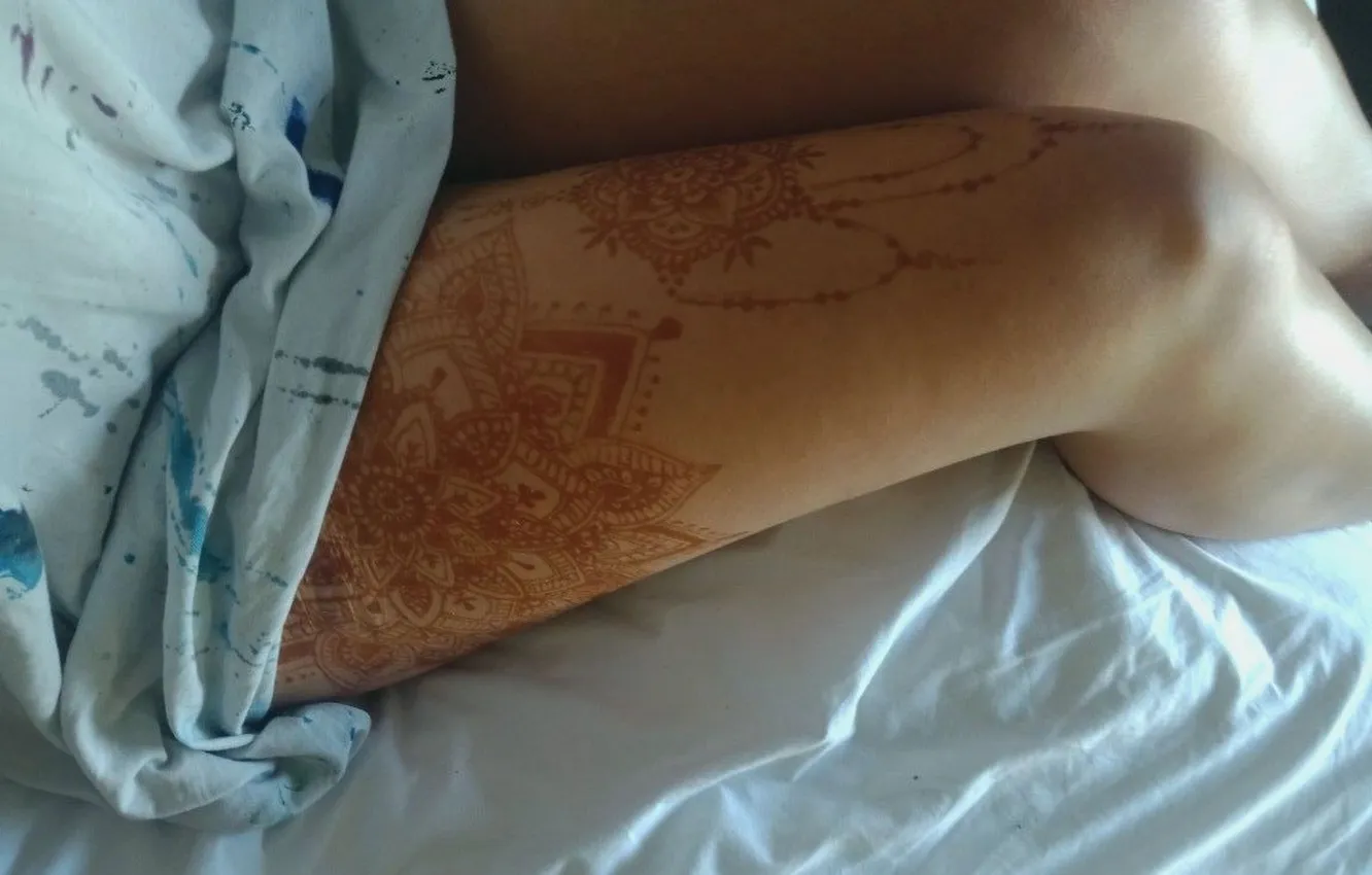 Photo wallpaper girl, bed, Mendy, slender legs, mehendi, tanned legs