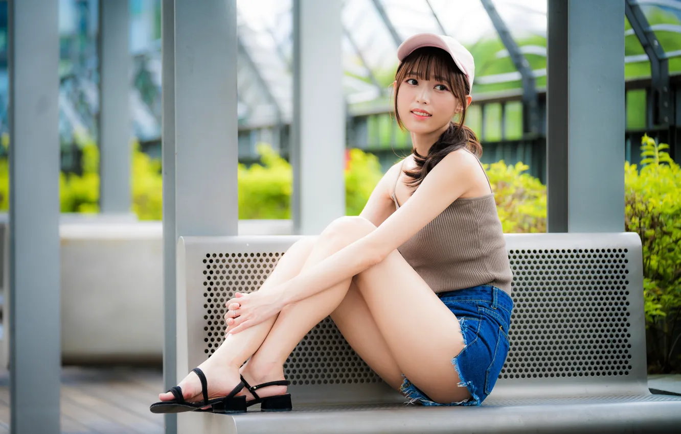 Photo wallpaper girl, Mike, shorts, cap, legs, Asian, cutie, bokeh
