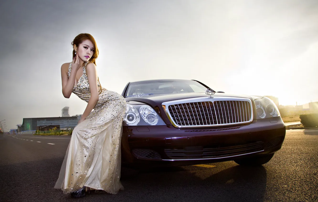Photo wallpaper auto, look, girl, Asian, beautiful girl, Mercedes-Maybach, posing on the car
