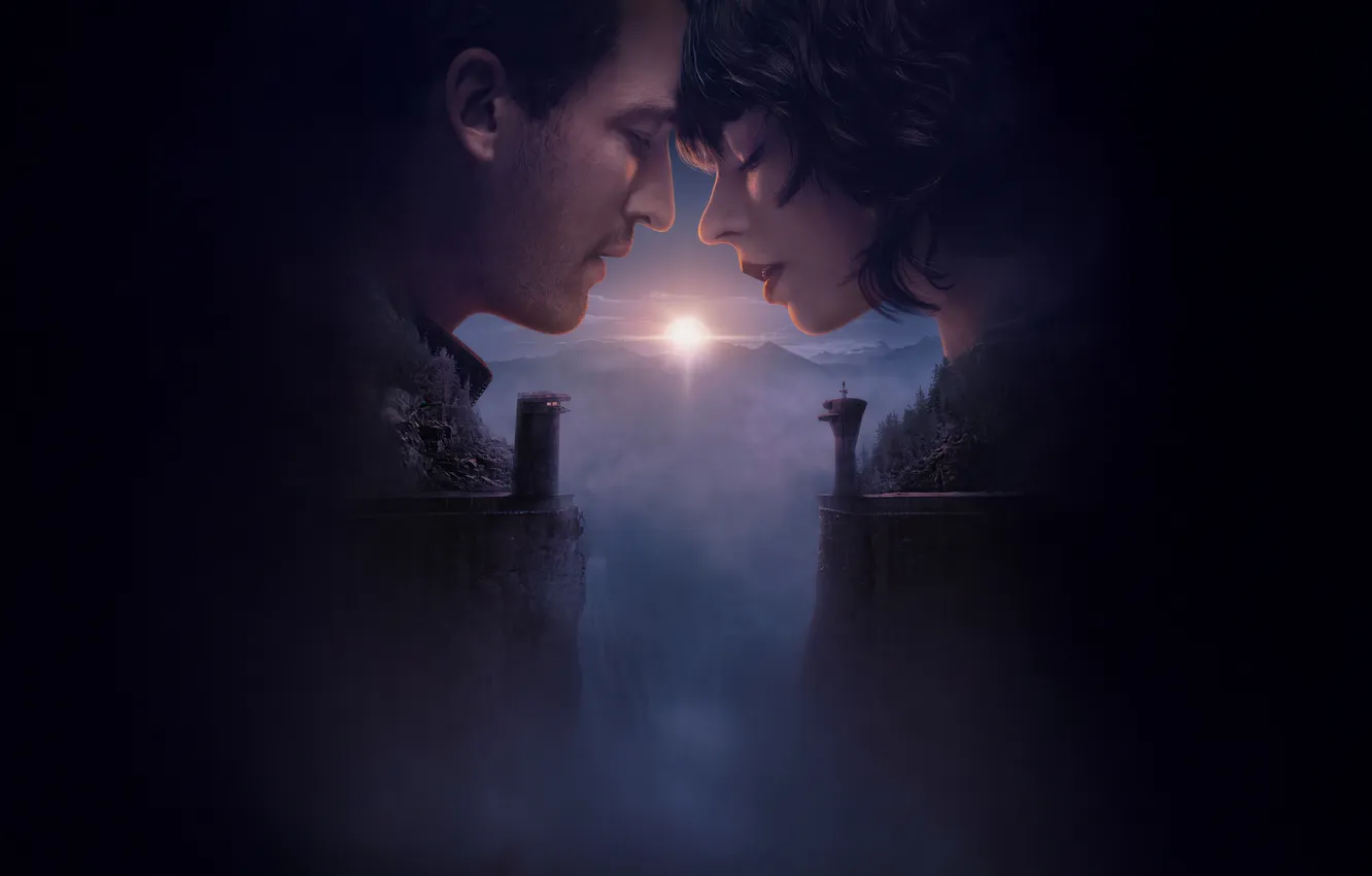 Photo wallpaper forest, landscape, fog, fiction, dawn, tower, gorge, horror