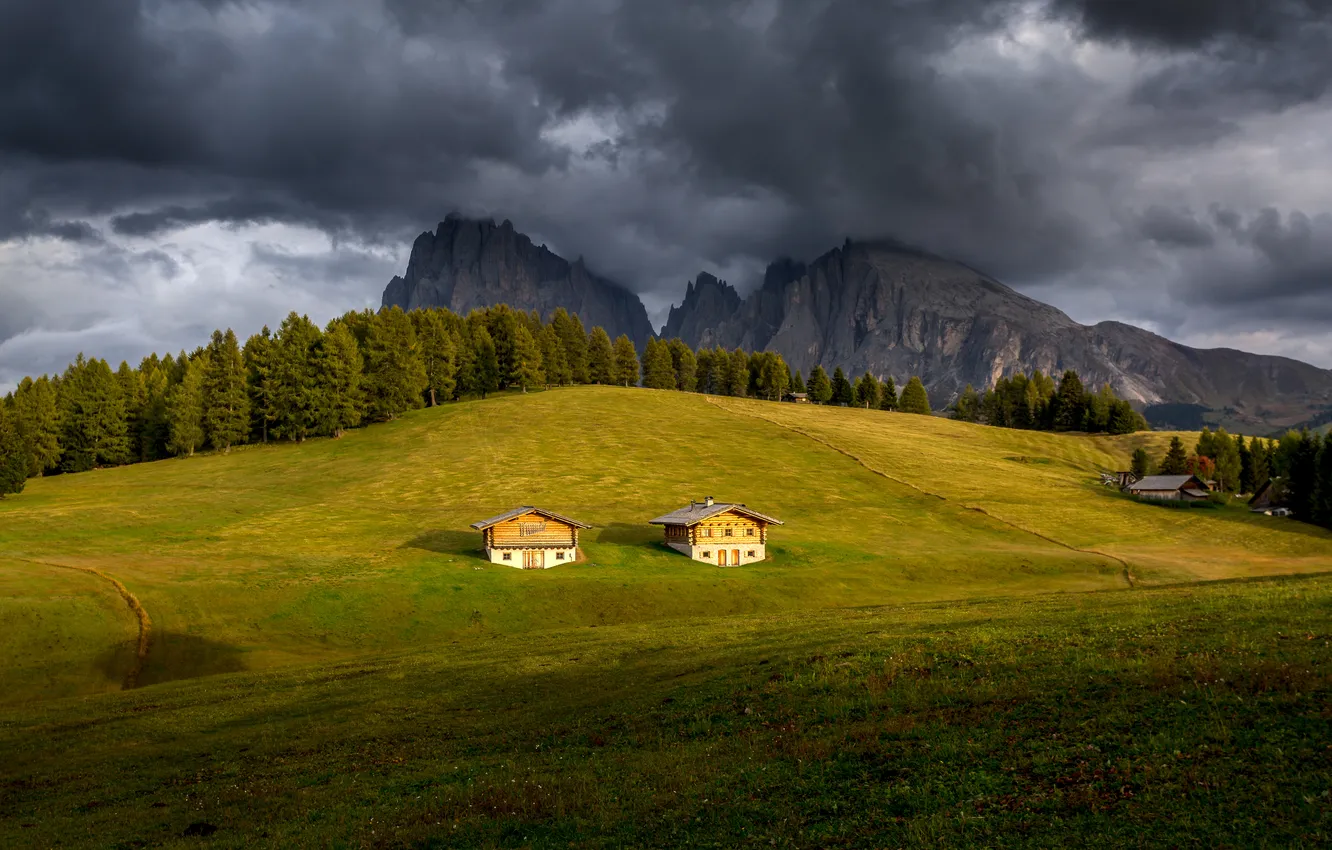 Photo wallpaper field, forest, mountains, clouds, rocks, hills, house, The Dolomites