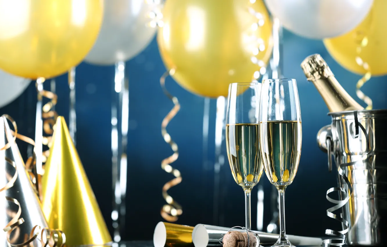 Photo wallpaper balls, New Year, glasses, golden, champagne, serpentine, New Year, celebration