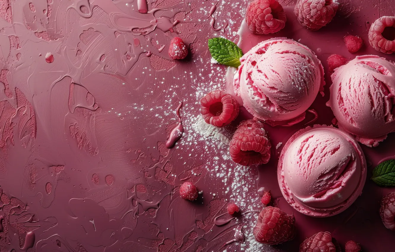 Photo wallpaper balls, berries, raspberry, ice cream, pink, placer, pink background, mint