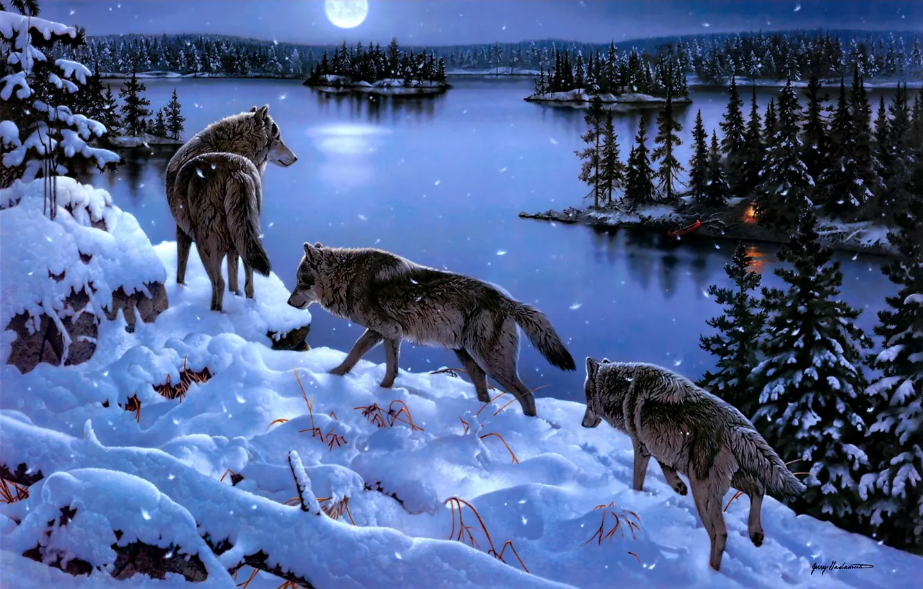 Photo wallpaper winter, snow, trees, lake, art, wolves, Jerry Gadamus