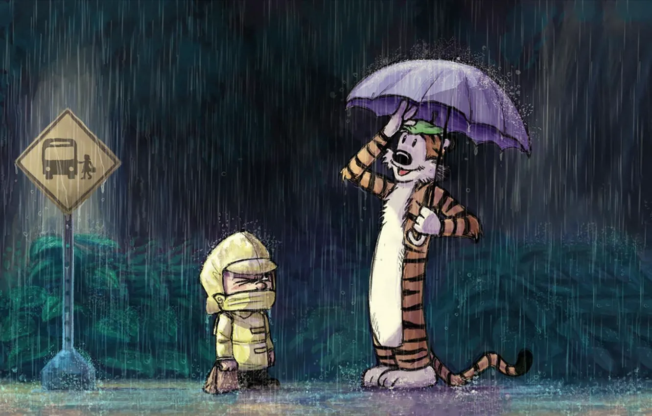 Photo wallpaper tiger, rain, toy, boy, stop, road sign, comic, Calvin and Hobbes
