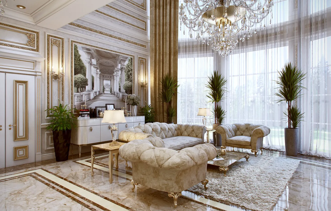 Photo wallpaper flowers, room, sofa, picture, chair, chandelier, table, living room
