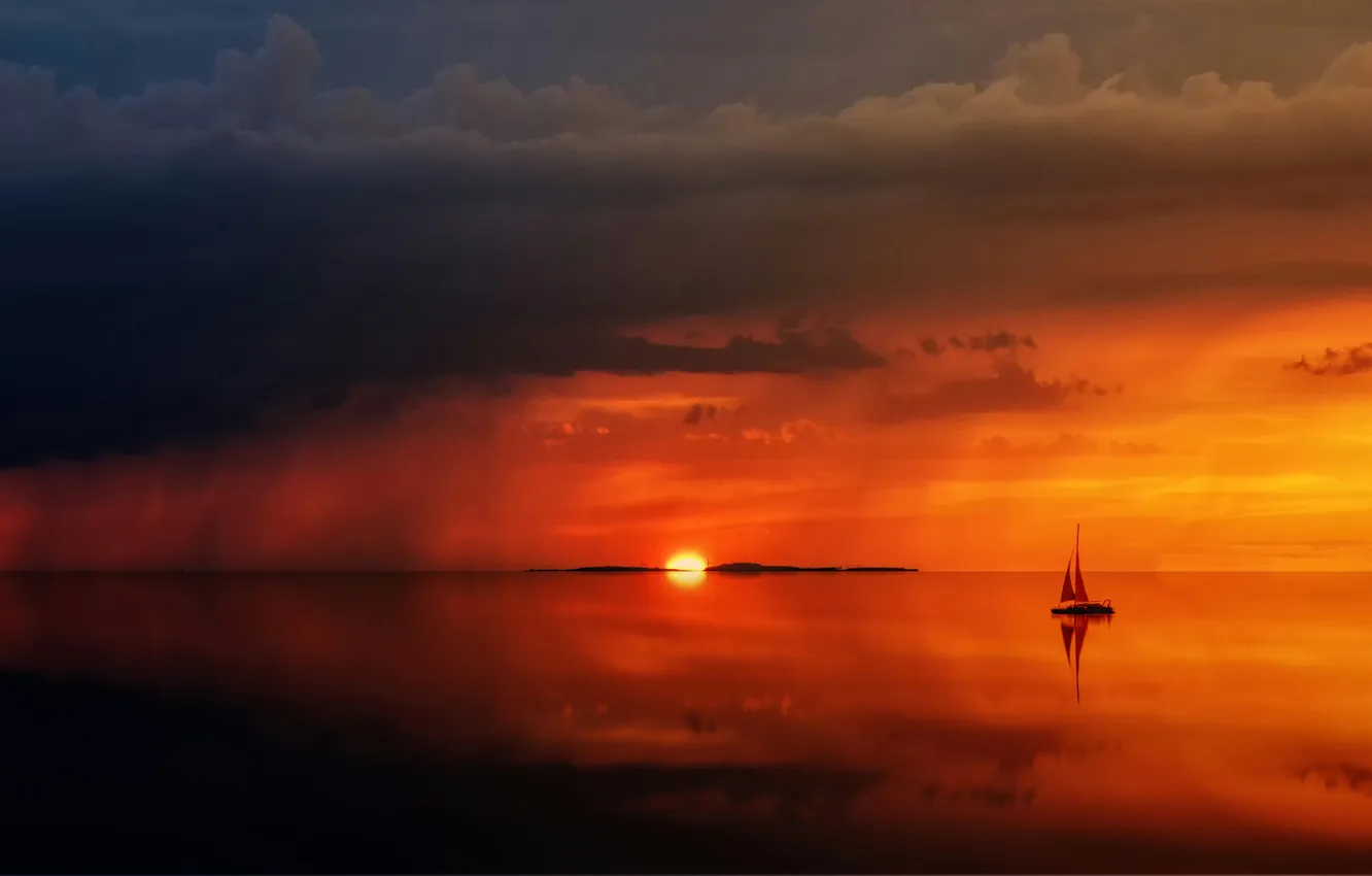 Photo wallpaper sea, the sky, sunset, clouds, coast, the evening, yacht, silhouette
